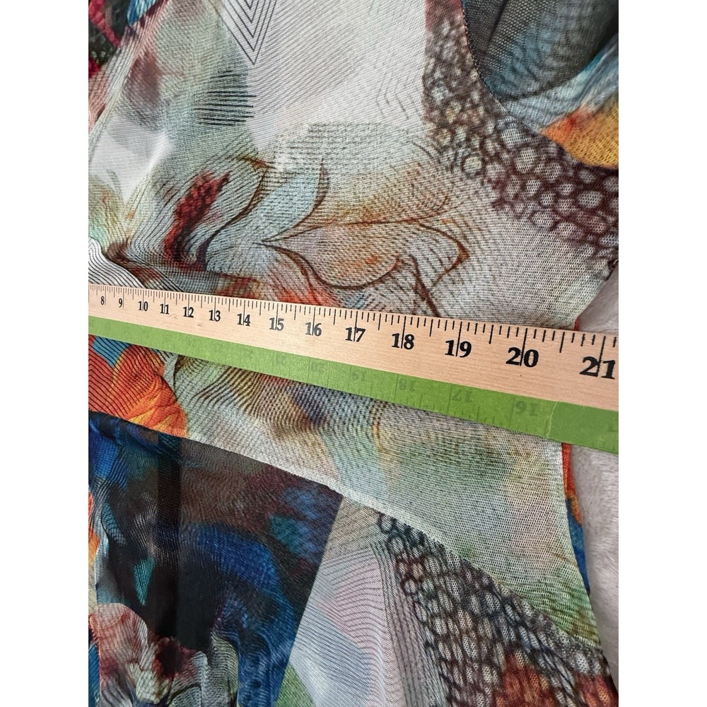 Michael Tyler Women  Large Multi Color Tunic Top Button Up People Bottom Sheer - Picture 8 of 10